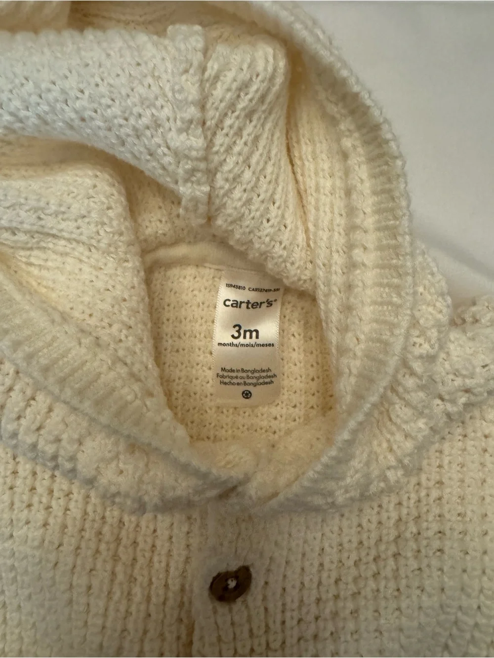Carter’s Cream Hooded Knit Baby Cardigan with Bear Ear Detail